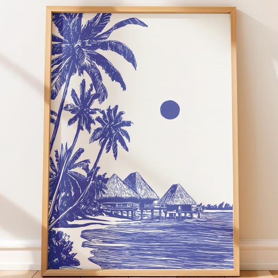 Tropical Travel Poster Print Blue Beach Wall Art Palm Trees And Bungalows Illustration Coastal Island Decor Minimalist Line
