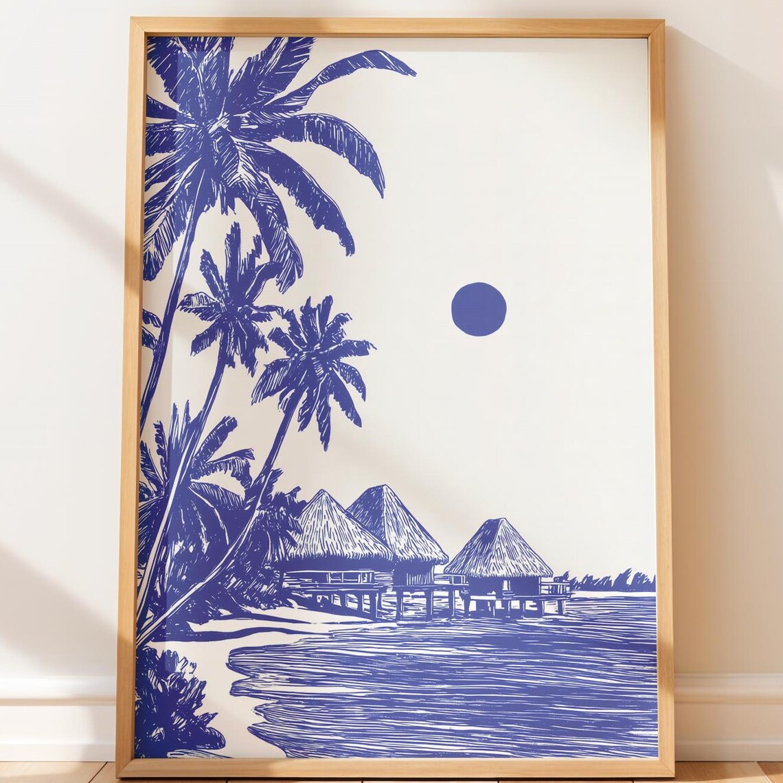 Tropical Beach Palm Trees Overwater Bungalows Blue Line Art Poster