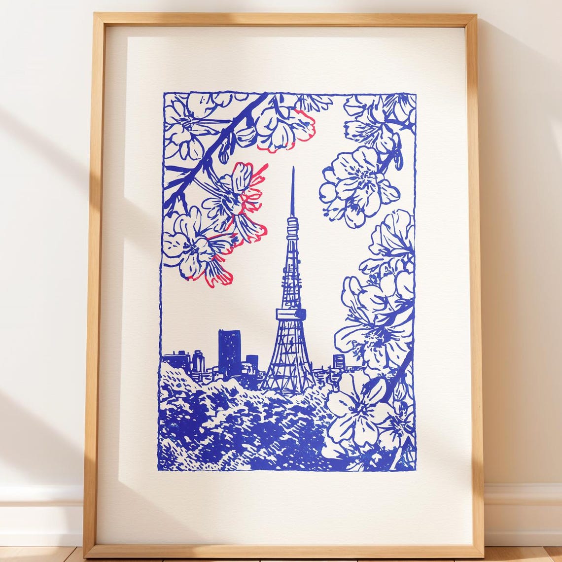 Tokyo Tower Cherry Blossom Blue Red Minimalist Line Art Poster