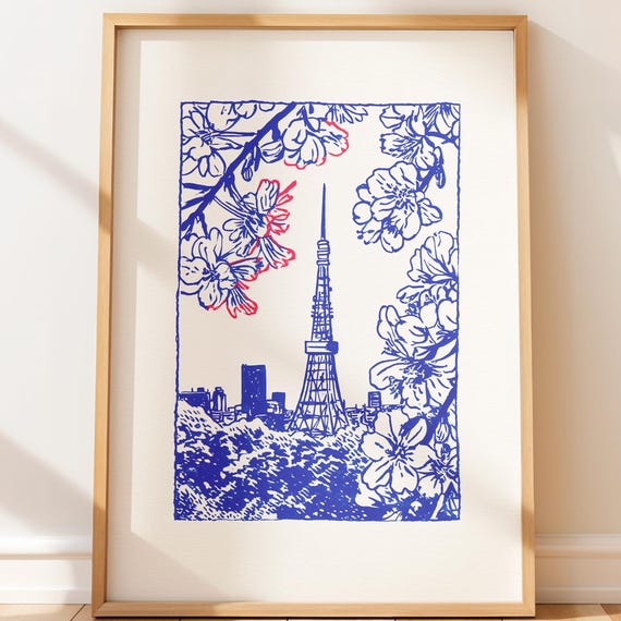 Tokyo Tower Art Print Blue Red Cherry Blossoms Minimalist City Decor