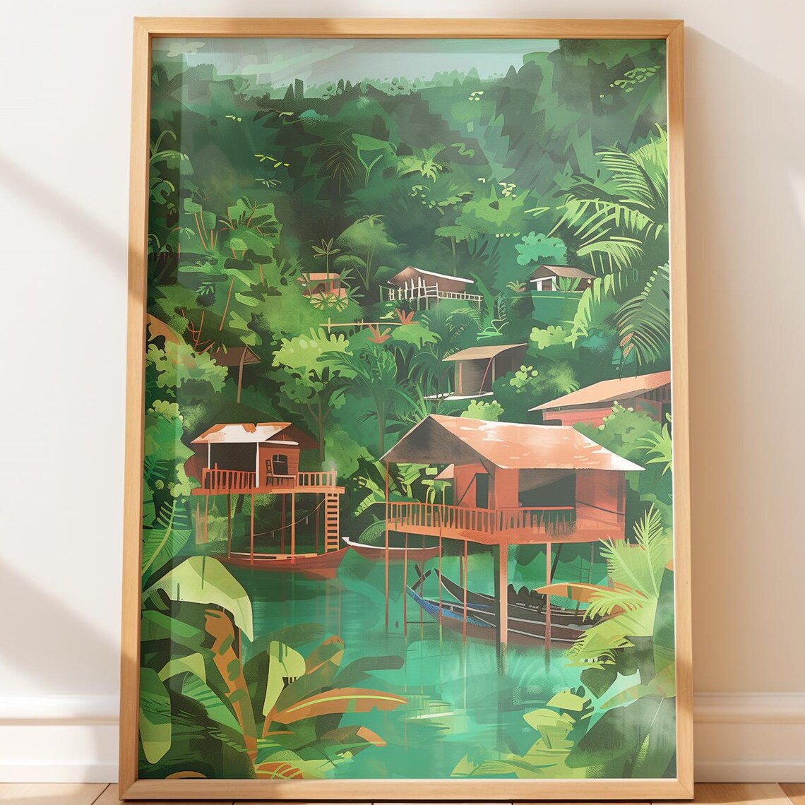Tropical Stilt Houses Emerald Lagoon Jungle Boats Lush Green Wall Art