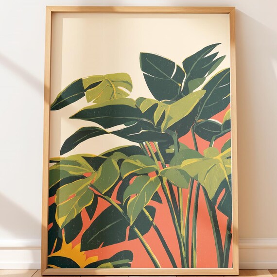 Lush Tropical Monstera Leaves in Bold Retro Botanical Wall Art