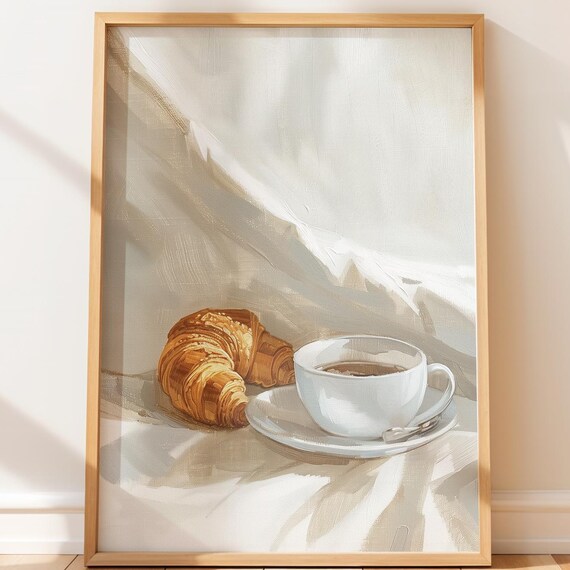 Morning Croissant and Coffee Minimalist White Kitchen Poster