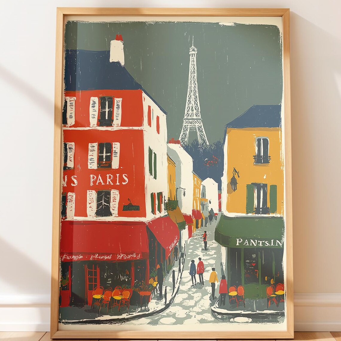 Vintage Paris Street Scene Eiffel Tower Montmartre Travel Poster