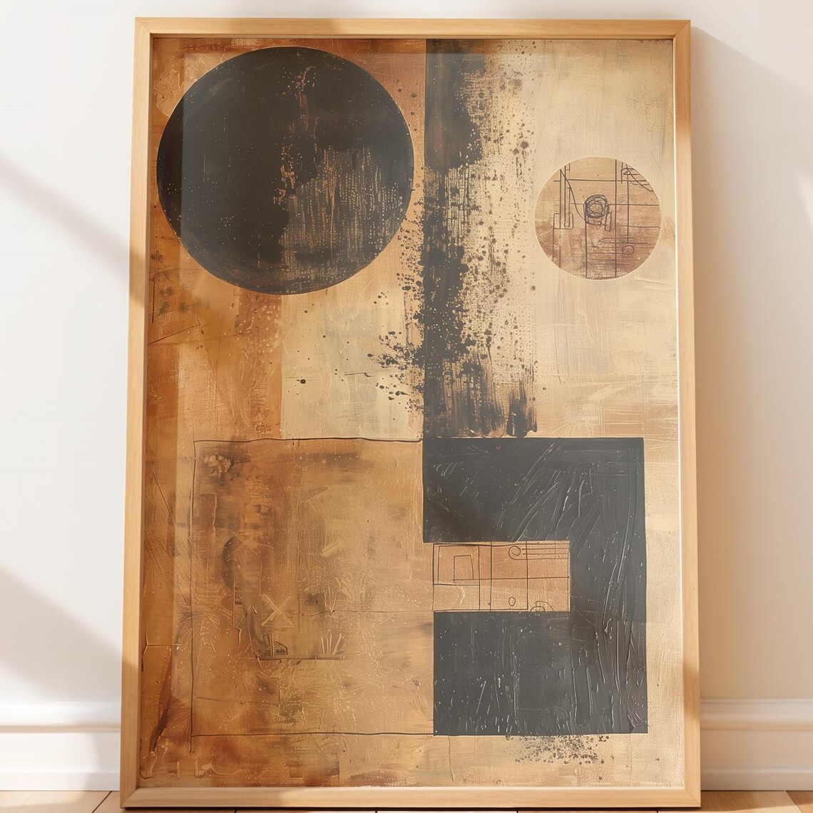 Layered Geometric Shapes Wall Art Modern Abstract Collage With Vintage Texture Earthy Rustic Decor