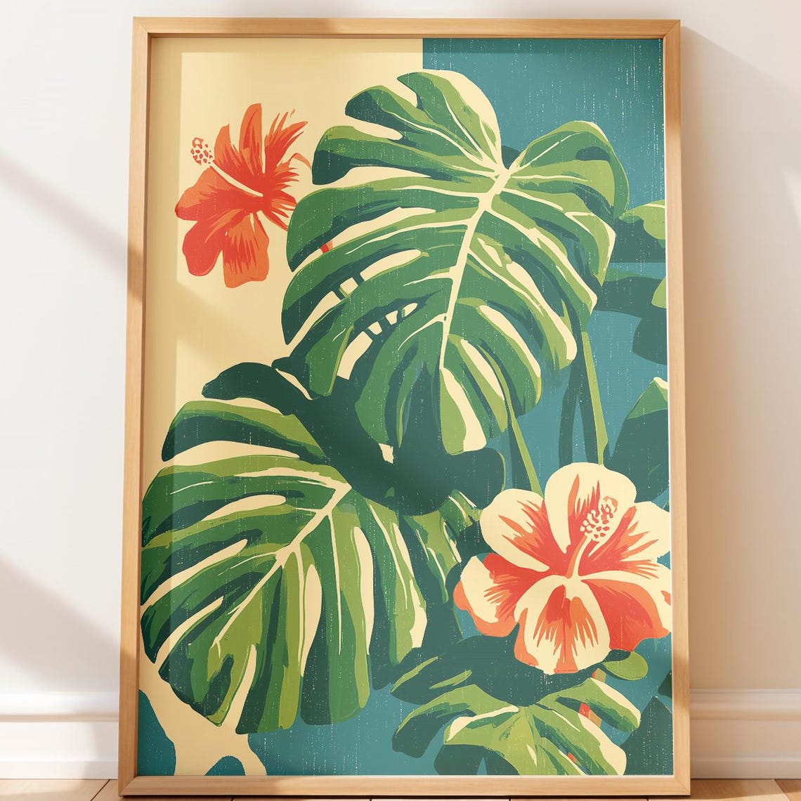 Monstera Leaves and Hibiscus Retro Botanical Illustration Print