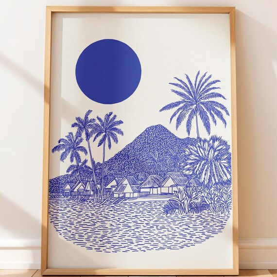 Tropical Island Blue Line Art Palm Trees Volcano Beach Huts Poster