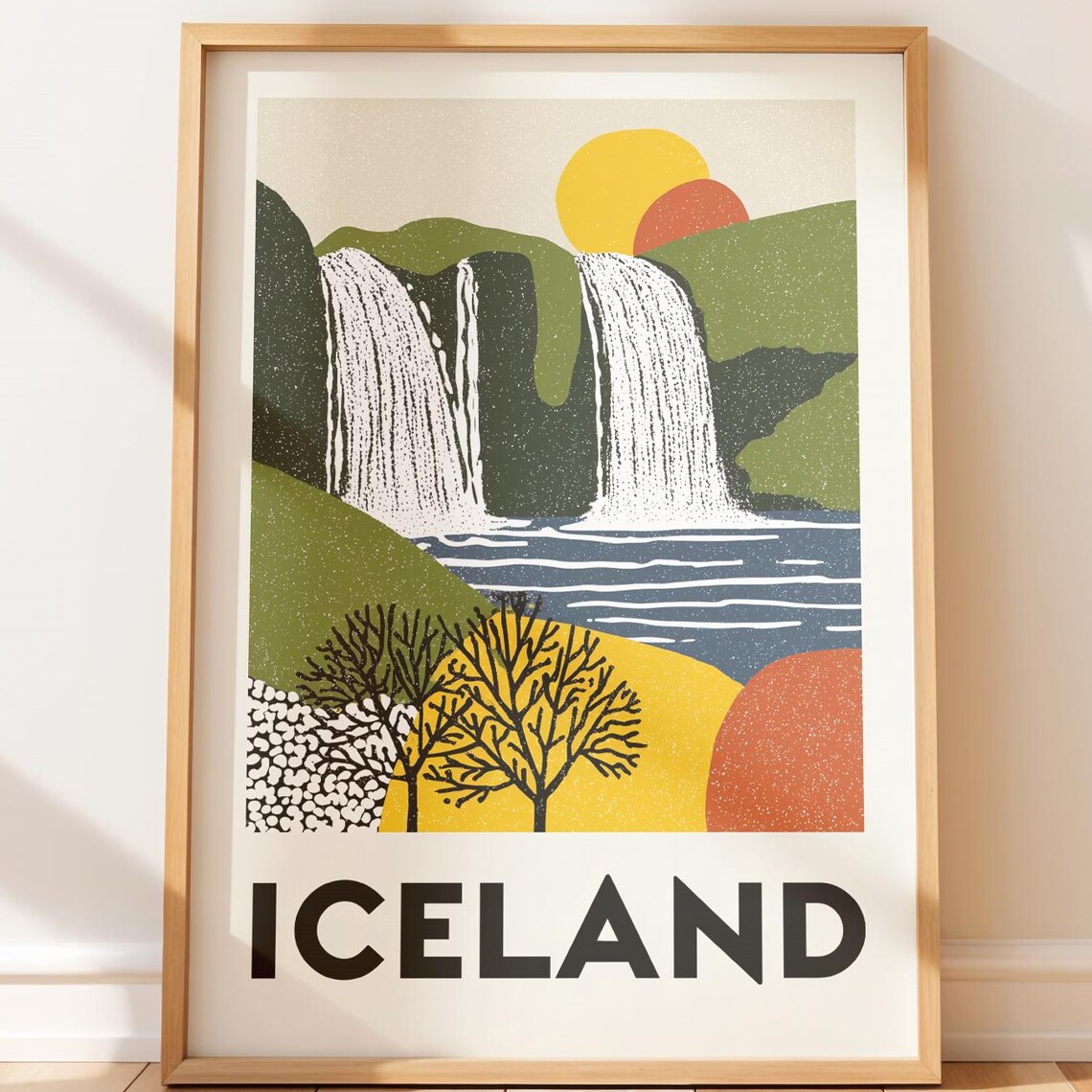 Iceland Twin Waterfalls Retro Travel Print Landscape Twin Sun Decor