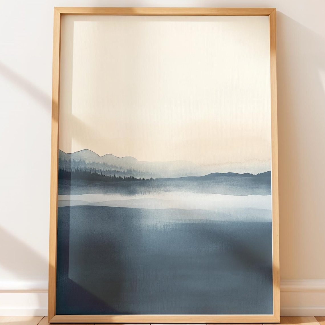 Moody Blue Ocean Seascape Watercolor Poster With Calm Horizon