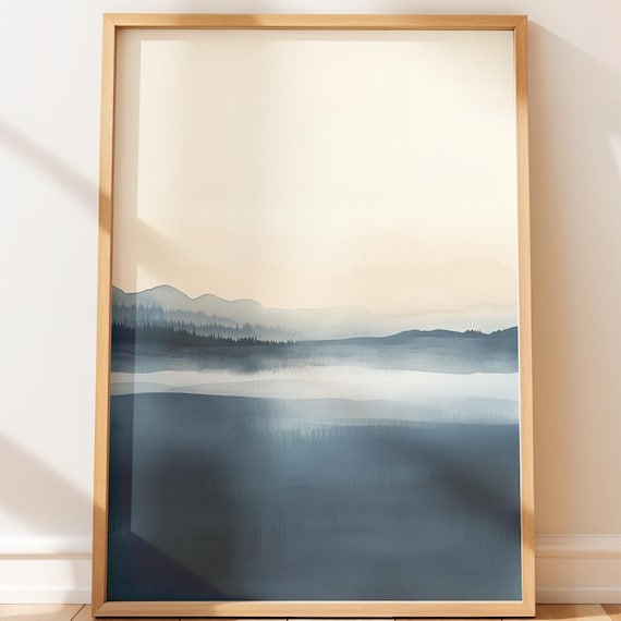Moody Blue Ocean Seascape Watercolor Poster With Calm Horizon