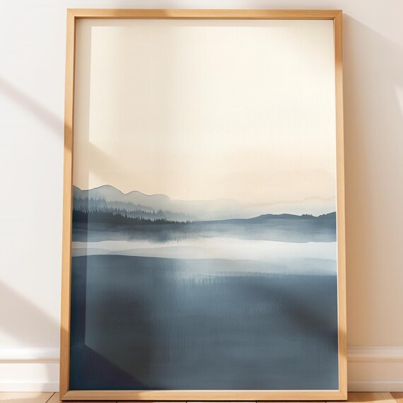 Moody Minimalist Seascape Wall Art Serene Coastal Watercolor Print