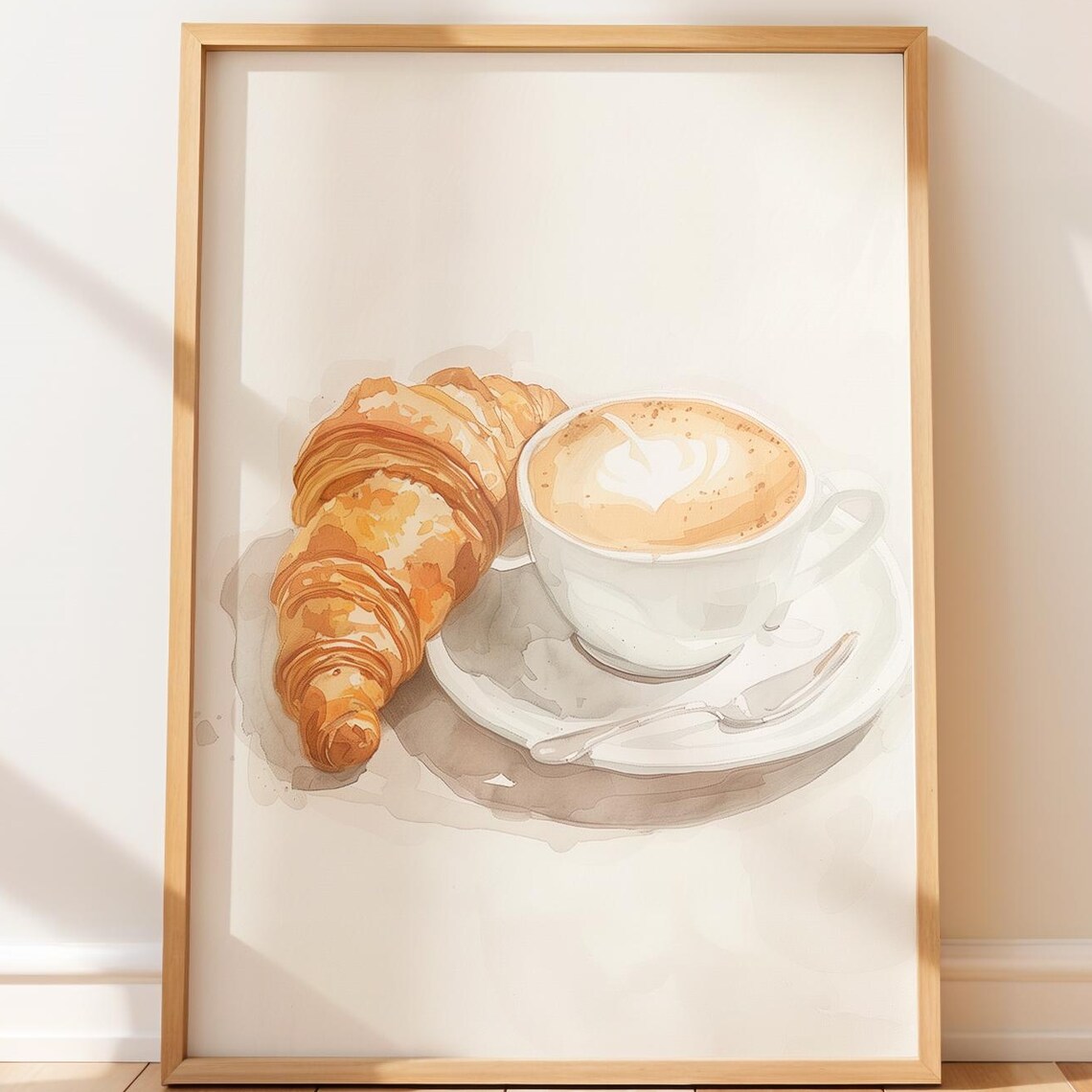 Croissant and Cappuccino Latte Art Watercolor French Cafe Poster