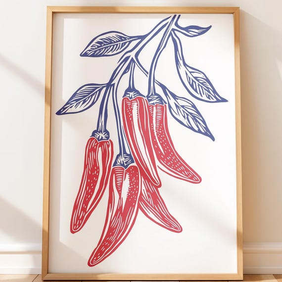 Rustic Chili Peppers Wall Art Bold Kitchen Decor Minimal Botanical Illustration Colorful Culinary Print