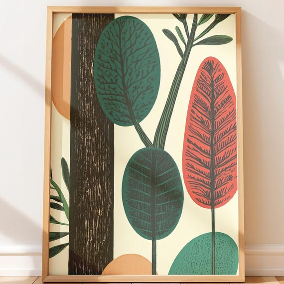Retro Botanical Wall Art Minimalist Abstract Plant Collage Earthy Midcentury Modern Decor Mid Century Illustration