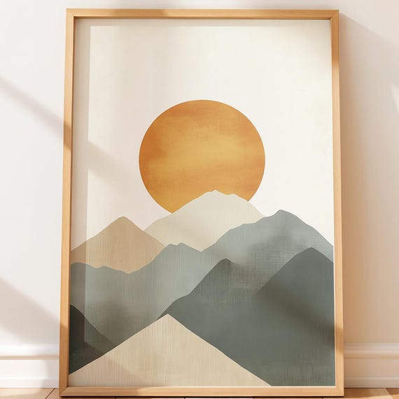 Modern Landscape Art Print Minimalist Watercolor Mountains Scandinavian Sunrise Wall Decor