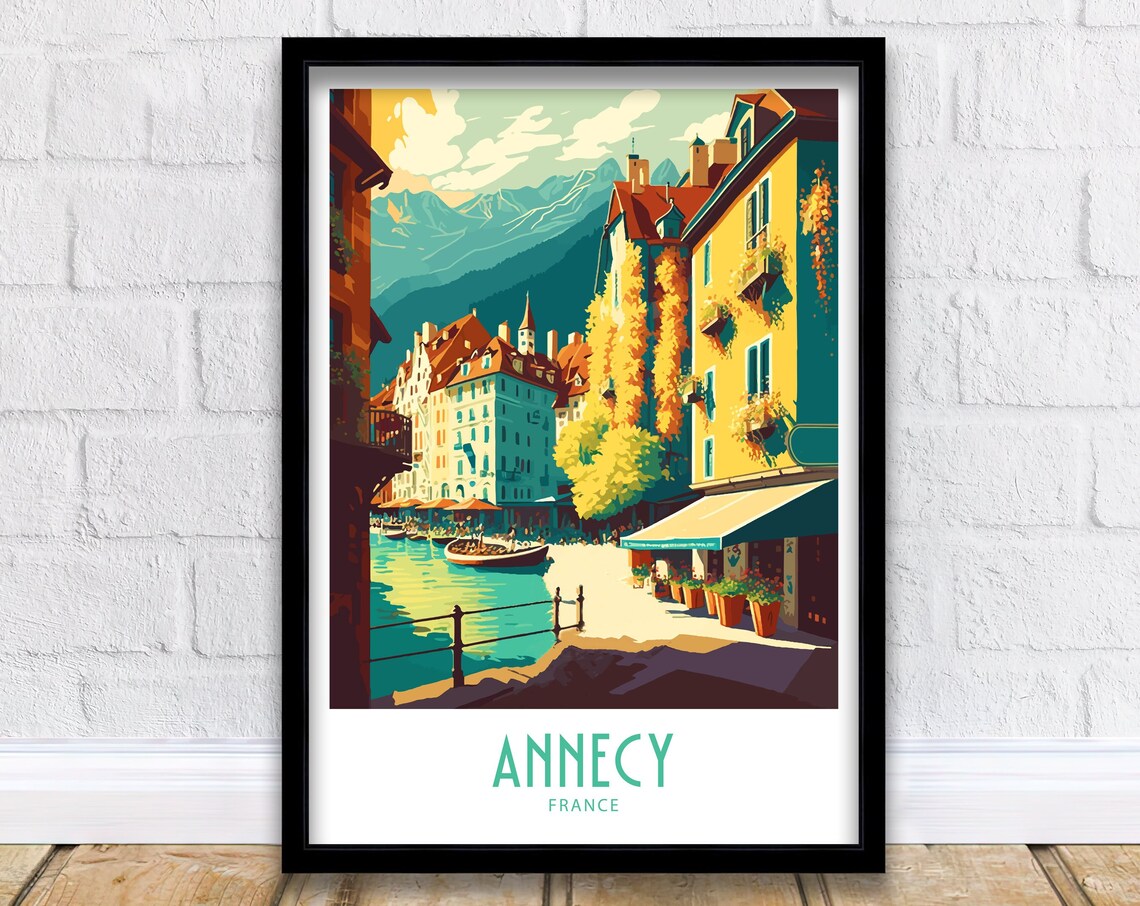 Annecy France Old Town Canal Alpine Peaks Cafe Terrace Art Poster