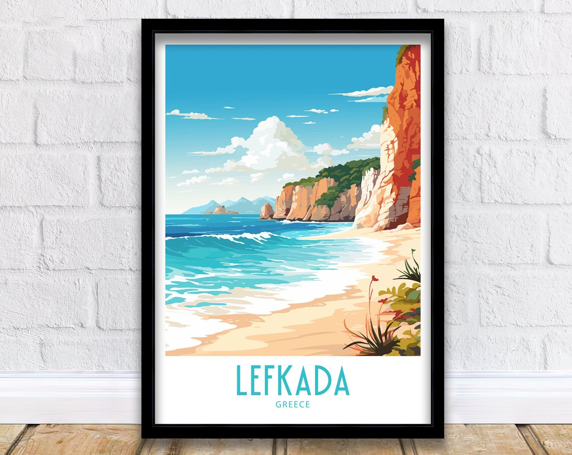 Lefkada Greece Red Cliffs Golden Sandy Beach Retro Travel Poster