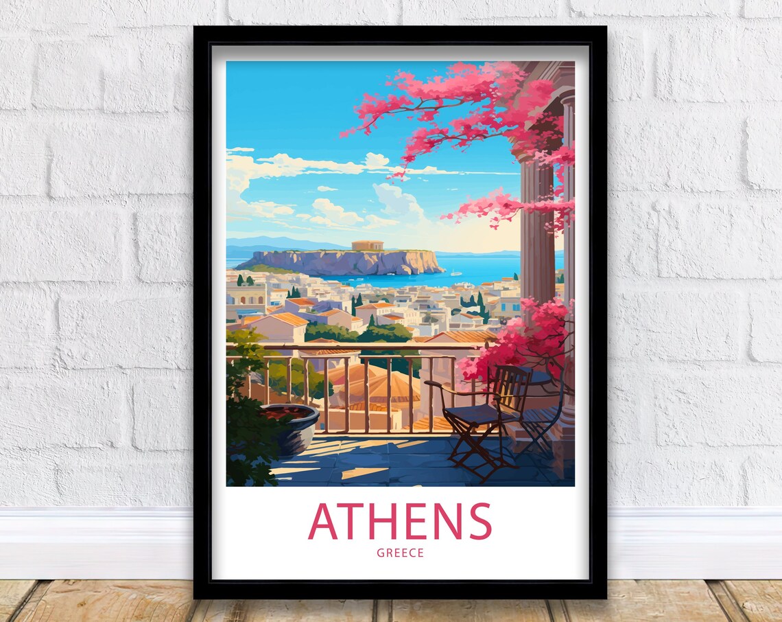 Athens Greece Balcony Acropolis View Pink Blossom Retro Travel Poster