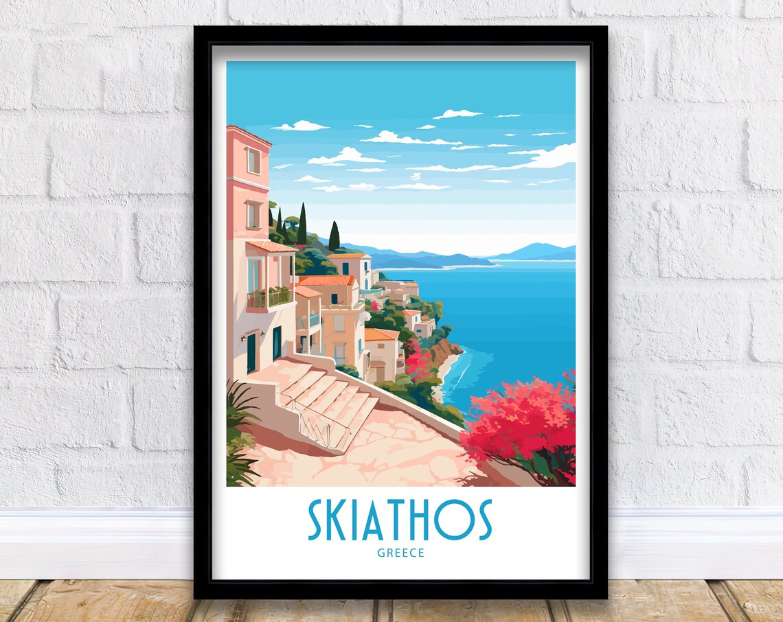 Skiathos Greece Hillside Houses Stone Steps Aegean Sea View Poster
