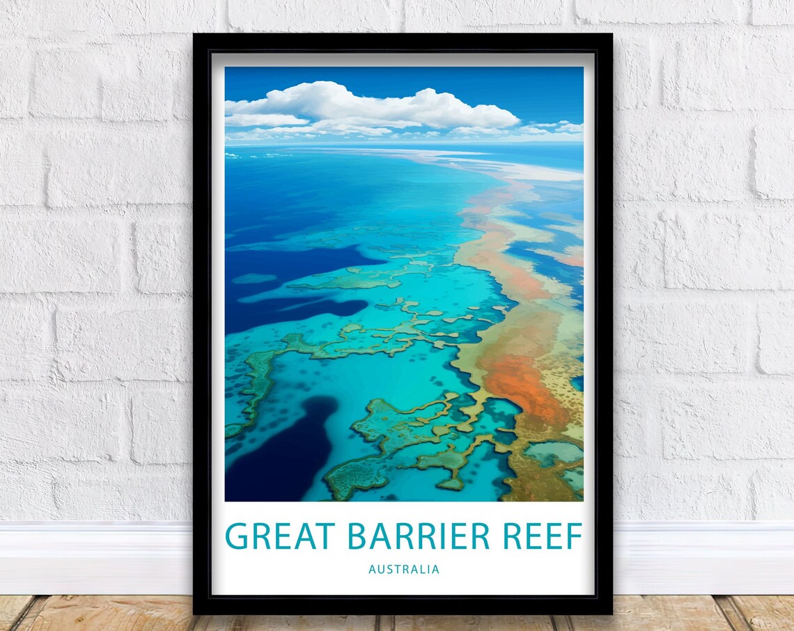 Great Barrier Reef Australia Aerial Ocean Illustrated Travel Poster