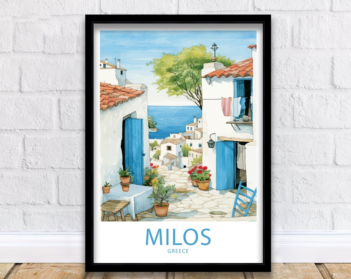 Milos Greece Whitewashed Seaside Alley Blue Doors Travel Poster