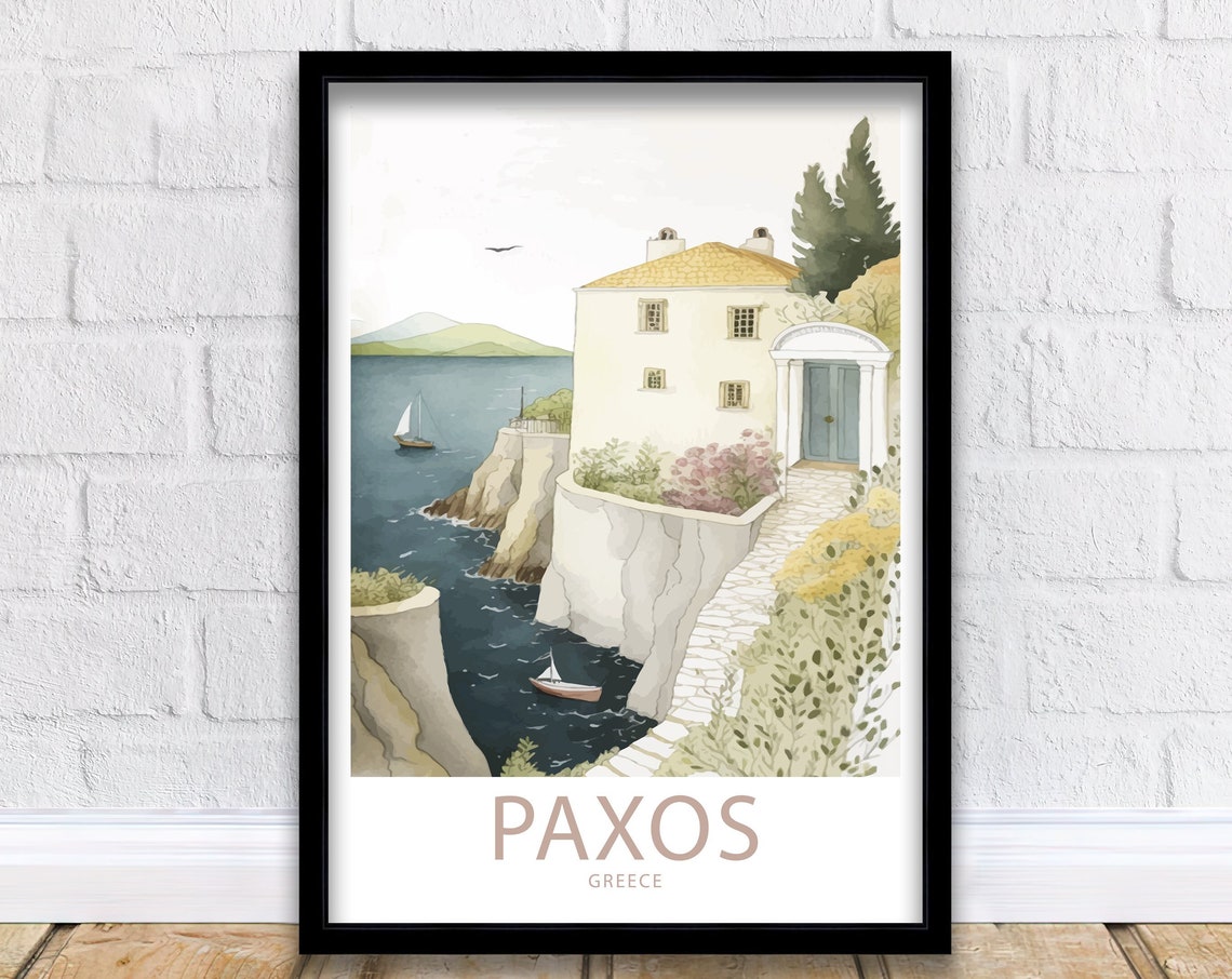 Paxos Greece Watercolor Cliffside Villa Sea View Sailboats Art Poster