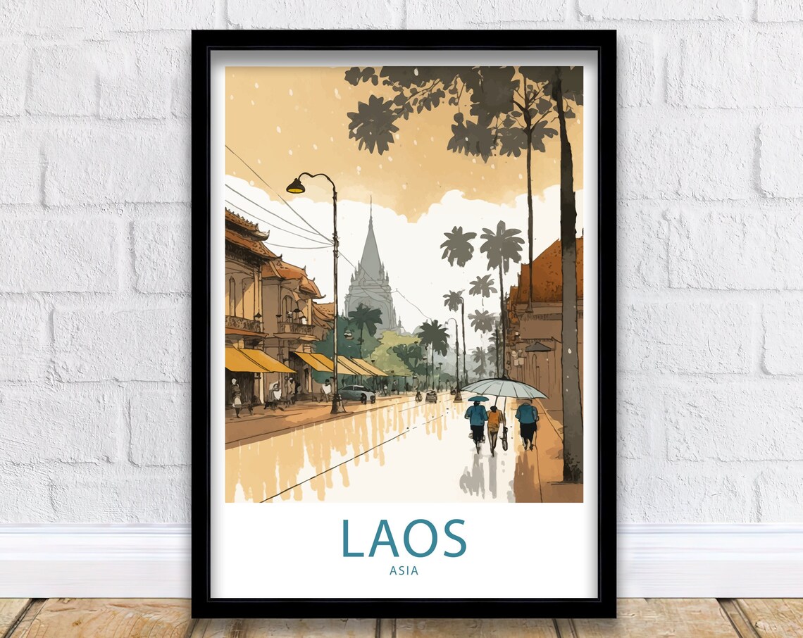 Laos Asia Temple Street Rainy Day Umbrellas Watercolor Art Poster