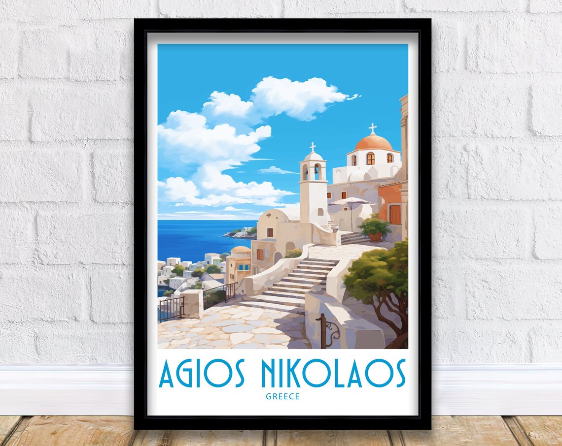 Agios Nikolaos Greece Hilltop Church Stone Steps Sea View Poster