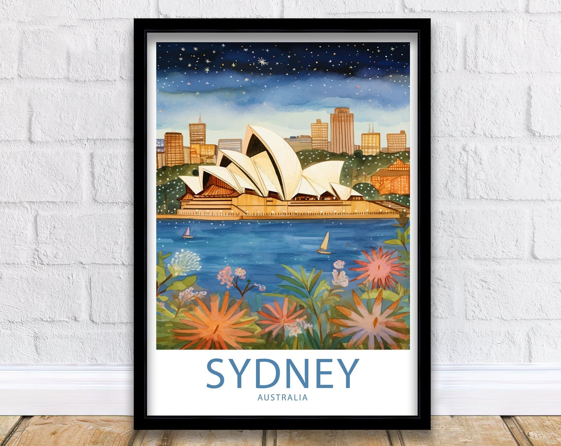 Sydney Australia Opera House Starry Night Illustrated Travel Poster