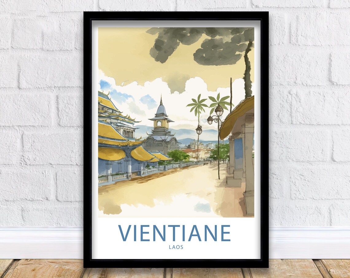 Vientiane Laos Golden Temple Terrace Palm Trees Watercolor Poster