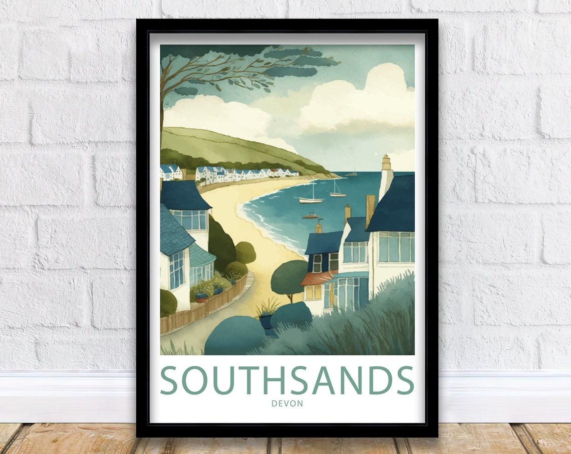 South Sands Devon Watercolor Seaside Village Sandy Beach Cove Poster