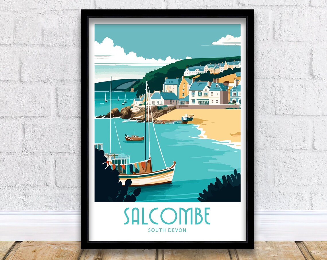 Salcombe South Devon Harbor Sailboats Beach Waterfront Art Poster