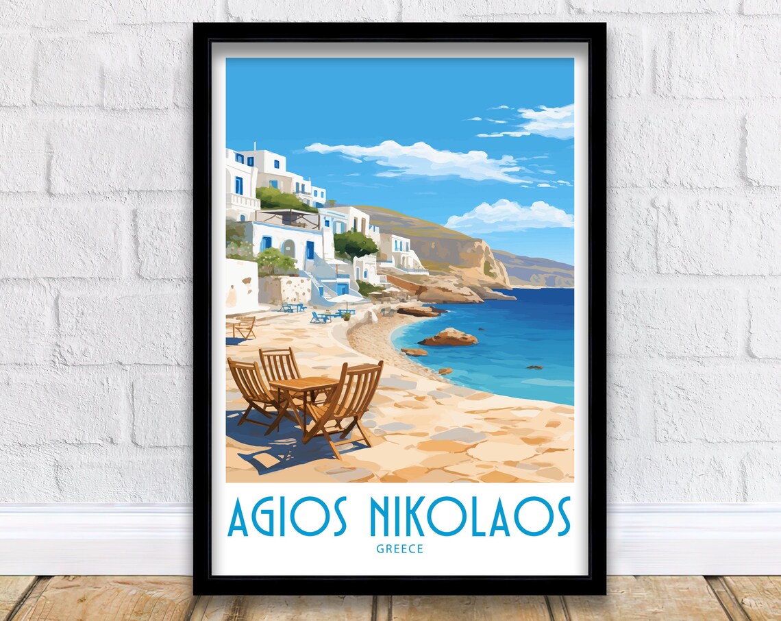 Agios Nikolaos Greece Sunny Beach Taverna Hillside Travel Poster