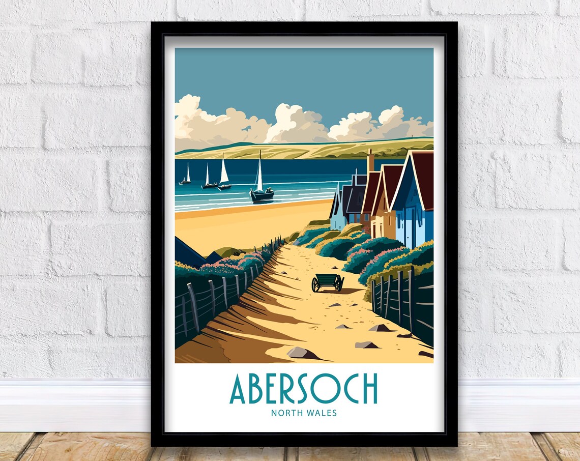 Abersoch North Wales Beach Huts Sailing Beach Vintage Travel Poster