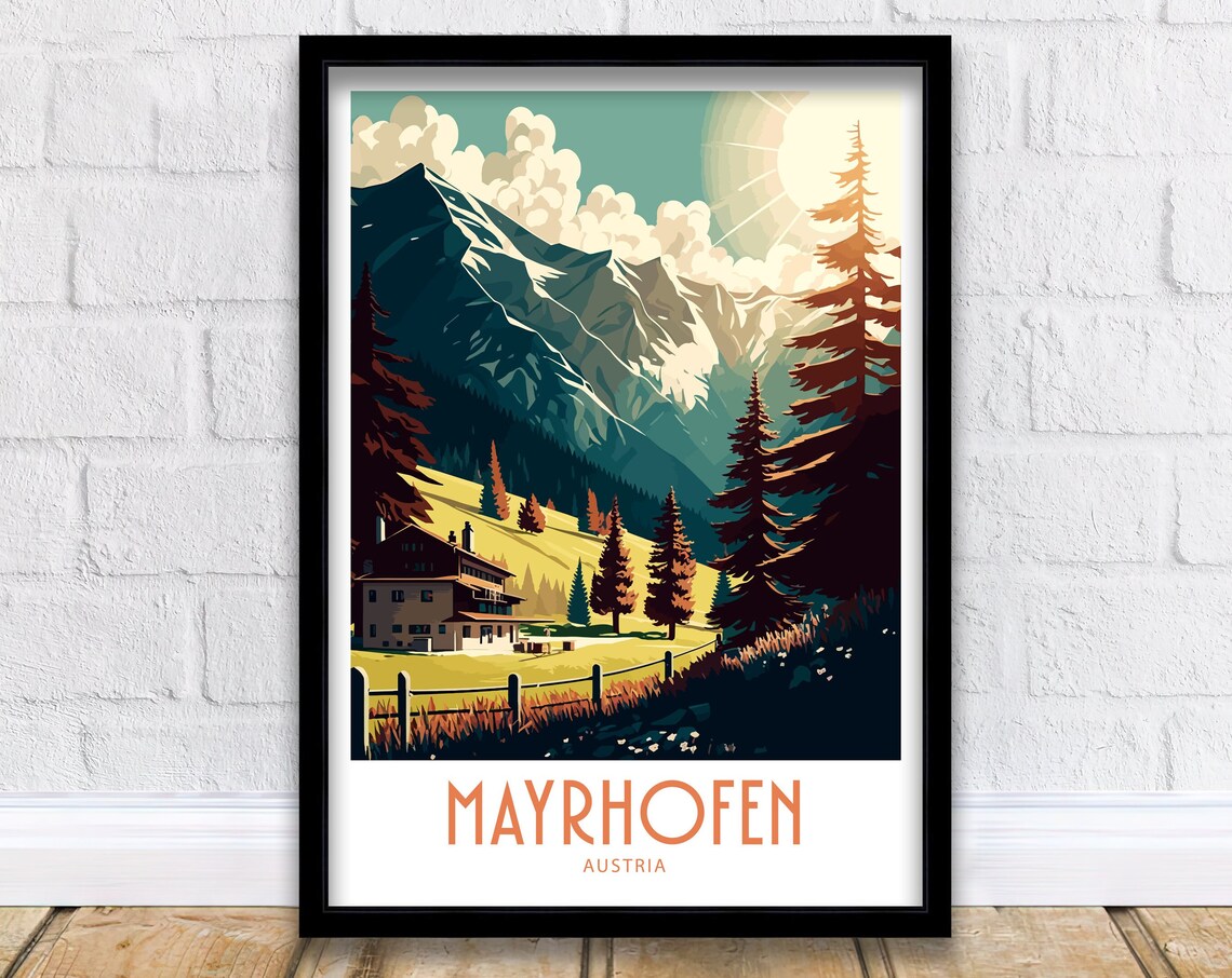 Mayrhofen Austria Alpine Mountain Chalet Pines Vintage Art Poster