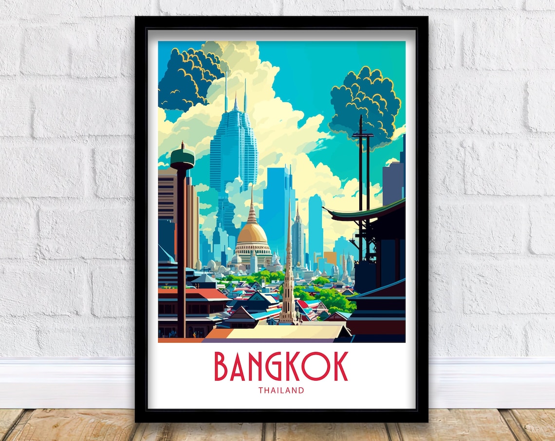 Chao Phraya River Bangkok Temple Spire And Boats Sunset Travel Poster