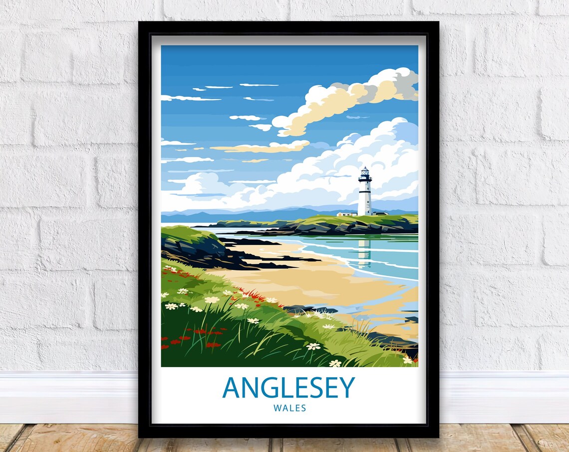 Anglesey Wales Lighthouse Coastal Bay Travel Illustration Poster