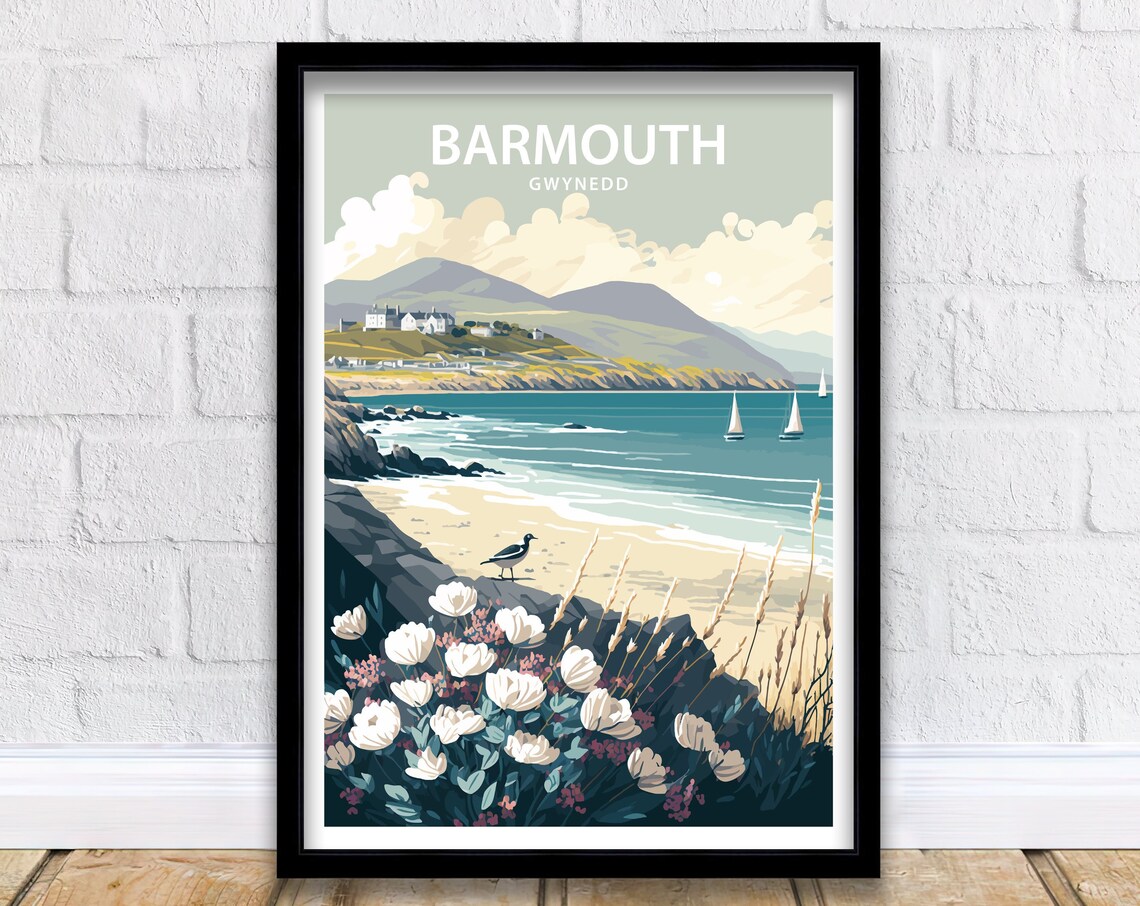 Barmouth Gwynedd Wales Sandy Beach Sailboats Vintage Travel Poster