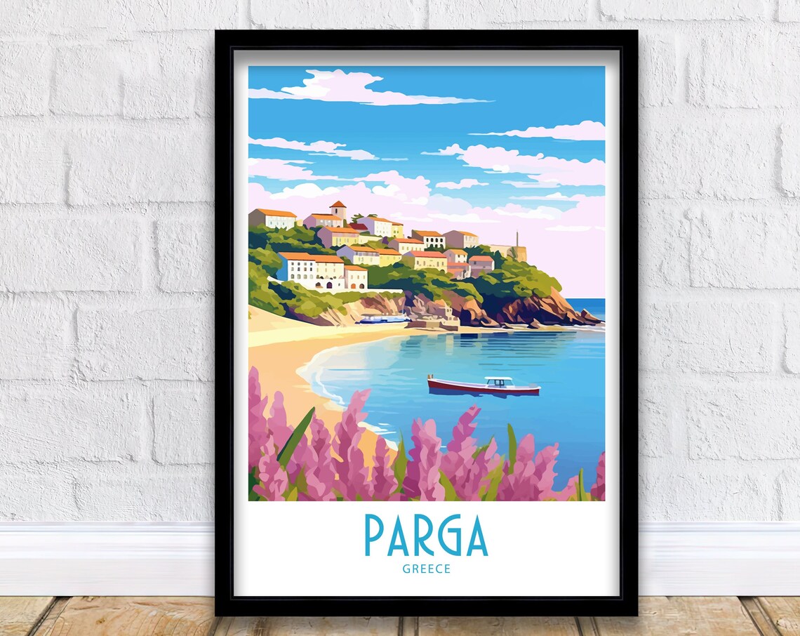 Parga Greece Sandy Beach Pink Flowers Hillside Town Travel Art Poster