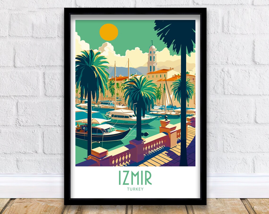 Izmir Turkey Marina Palms Clock Tower View Vintage Travel Poster