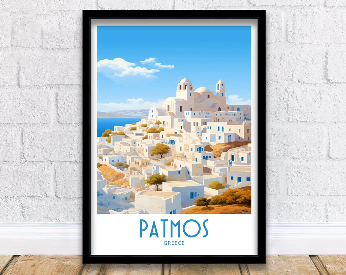 Patmos Greece Hilltop Town Domed Church Olive Trees Travel Art Poster