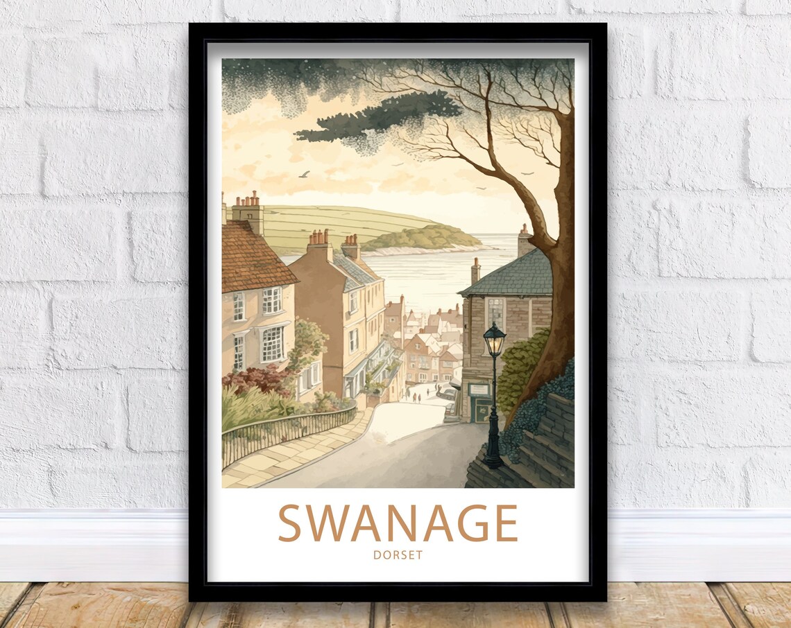 Swanage Dorset Hillside Street Harbor View Watercolor Art Poster