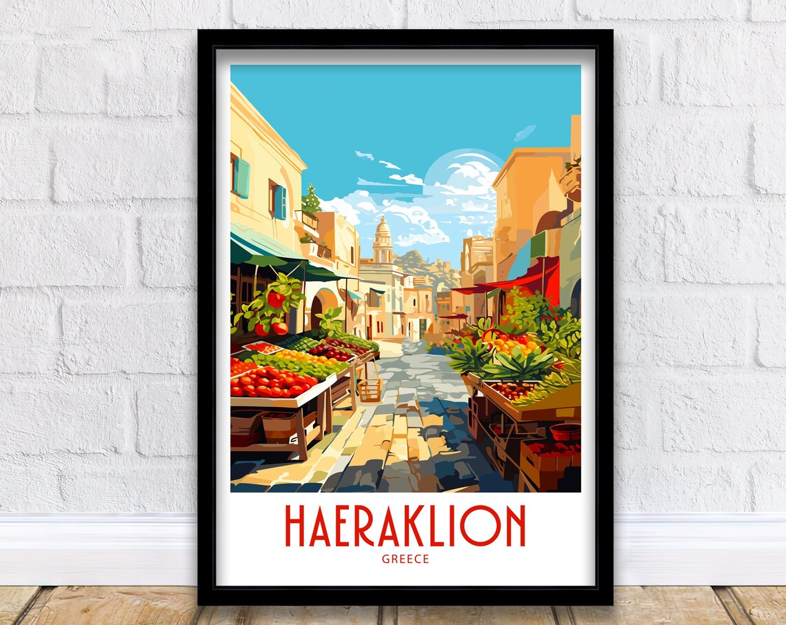 Haeraklion Greece Bustling Market Street Vintage Travel Poster