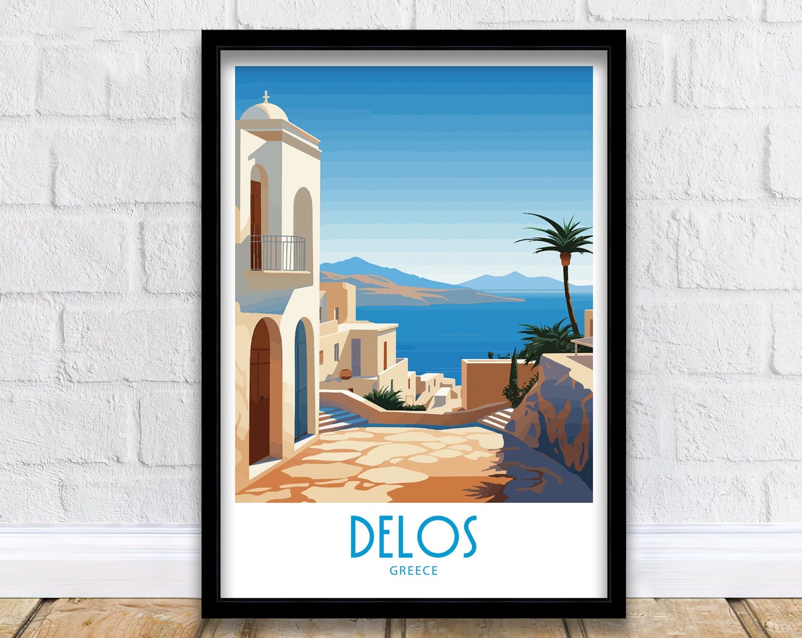 Delos Greece Whitewashed Street Church Tower Palm Tree Sea Poster