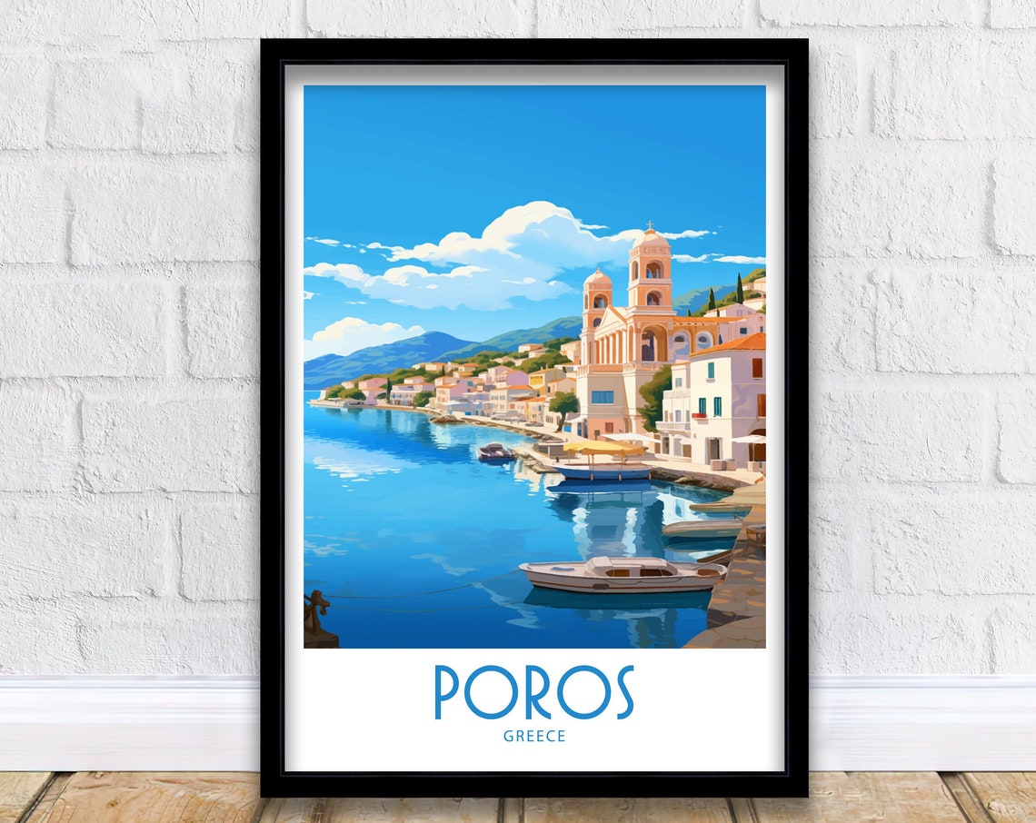 Poros Greece Waterfront Clock Tower Harbor Boats Sunny Day View Poster