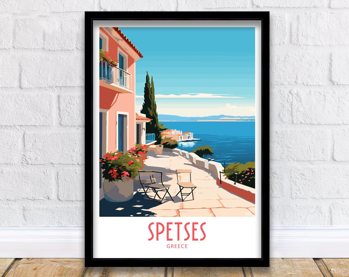 Spetses Greece Sunny Pink Terrace Sea View Retro Travel Poster