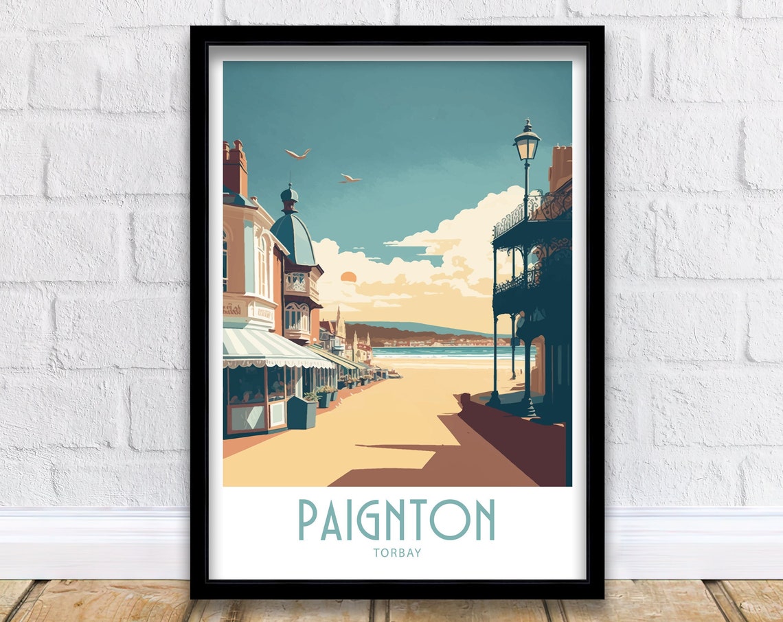 Paignton Torbay Devon Retro Beach Promenade Sunset Vintage Art Poster