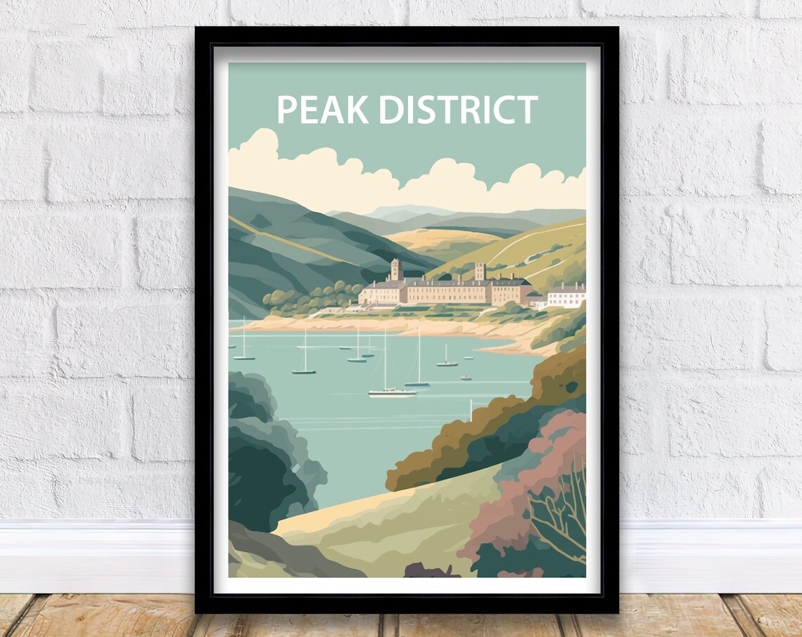 Peak District Bay Sailboats Rolling Hills Vintage Travel Poster