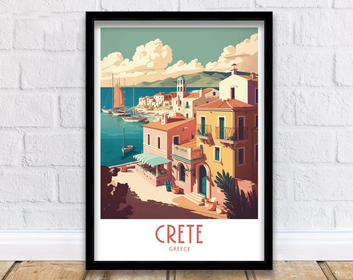 Crete Greece Retro Fishing Village Harbor Sailboats Travel Poster