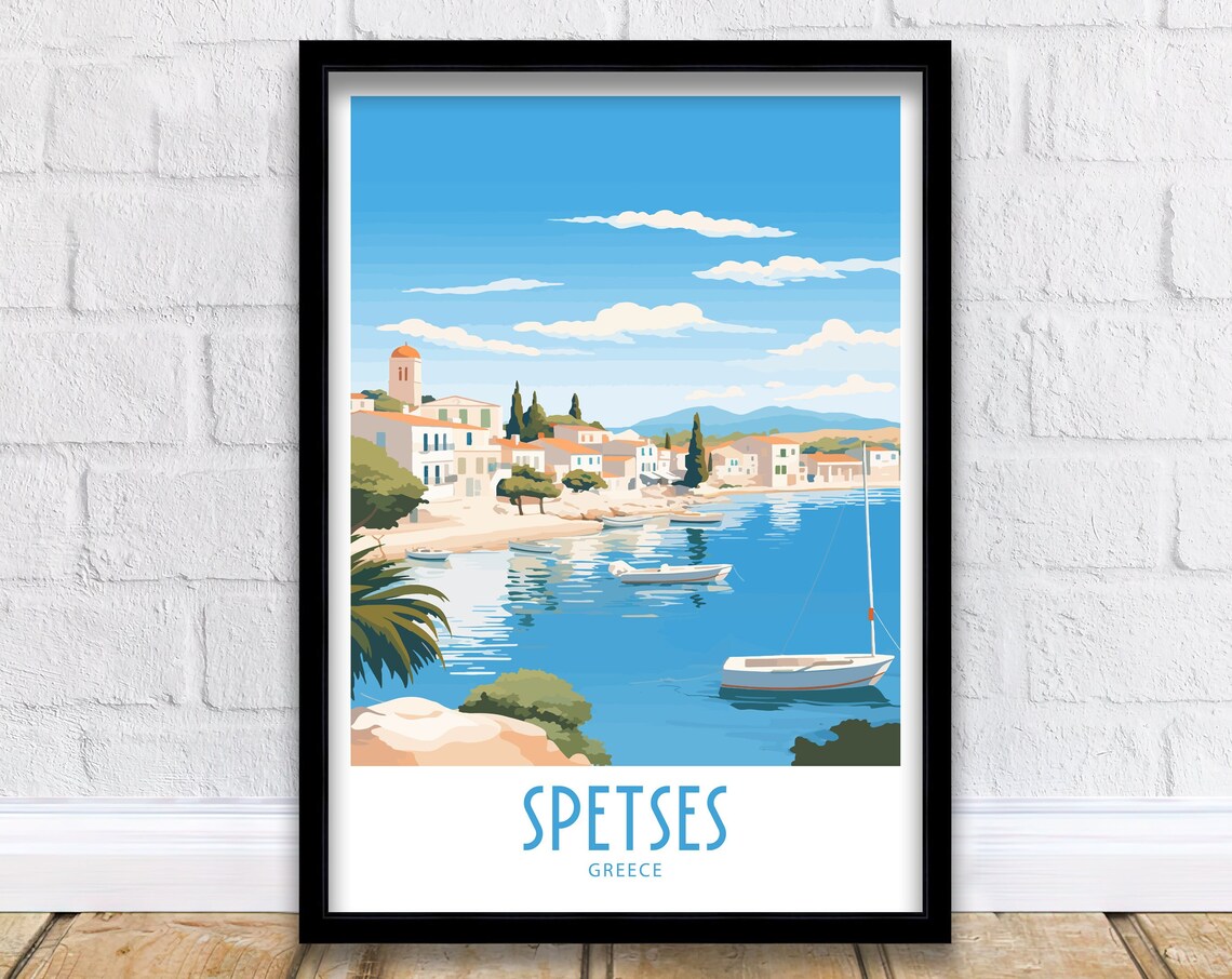 Spetses Greece Harbor Sailboats Bell Tower Retro Travel Poster